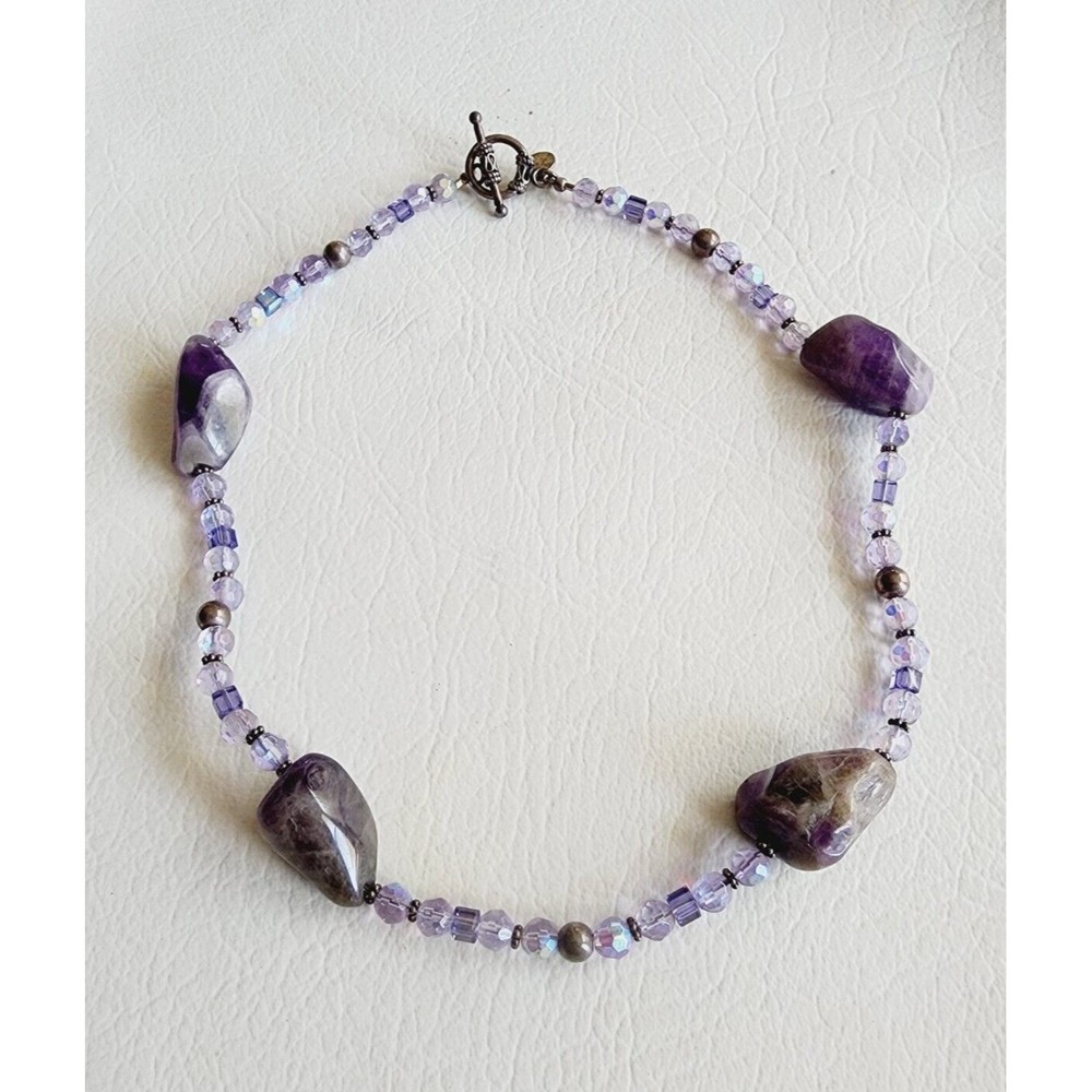 Sterling Silver Chunky Amethyst And Crystal Beaded Toggle Clasp Necklace